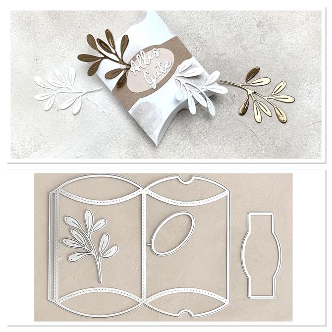 Stanzschablone Pillowbox Geschenkschachtel NUR für A4 Maschine, mit Label und Zweig, 3x12cm Box fertig, 4-tlg. 