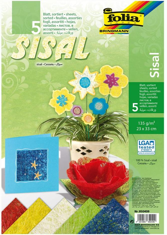 Sisal 135 g/m², 23 x 33 cm, 5 Blatt, farbig sortiert