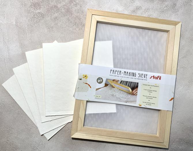 Papier Schöpfrahmen Set Sieb und Pressform in A4, & 4 Bögen Zellstoff, 6-tlg.
