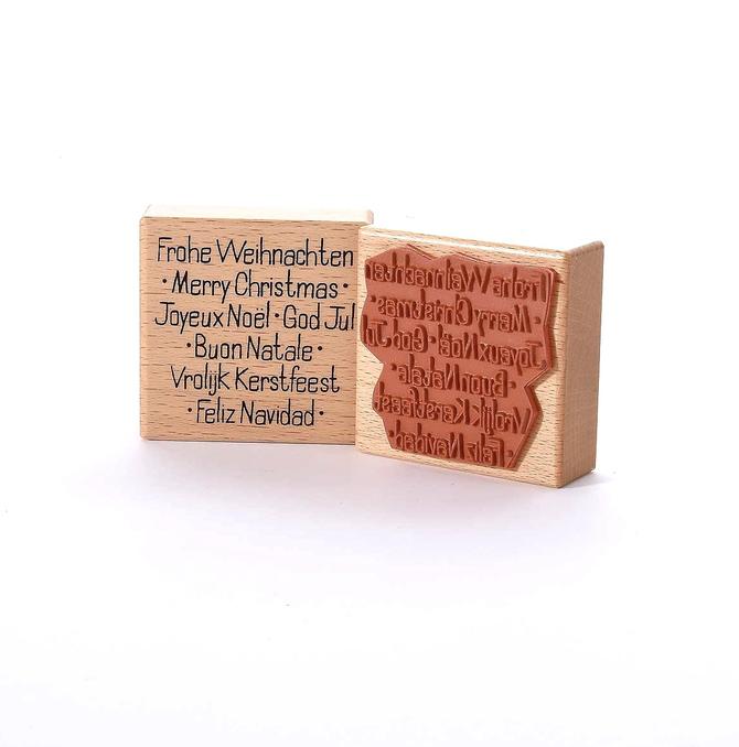 Holzstempel "Frohe Weihnachten ,Merry Christmas, joyeux..", ",7x7 cm