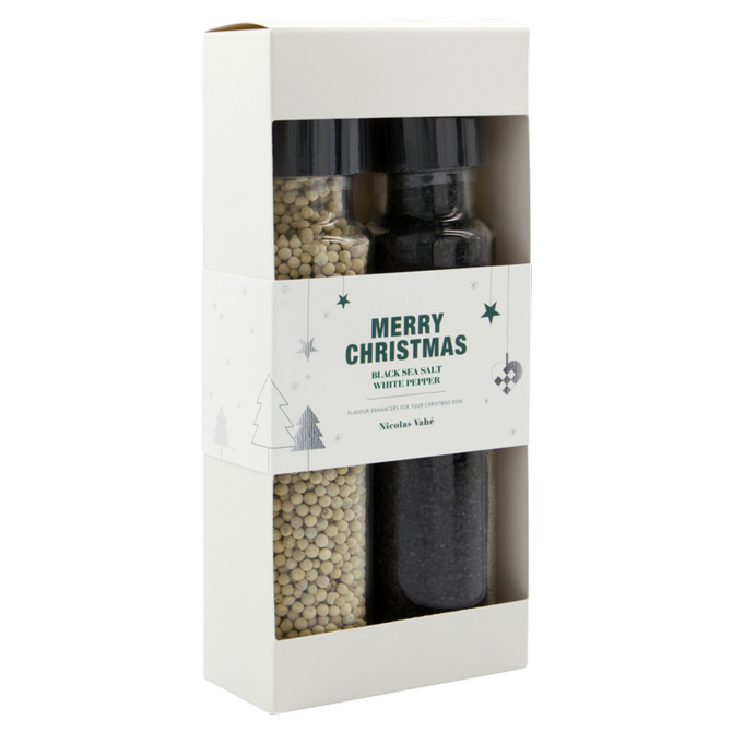 Geschenkbox - schwarzes Meersalz & weißer Pfeffer in Keramikmühlen von Nicolas Vahé