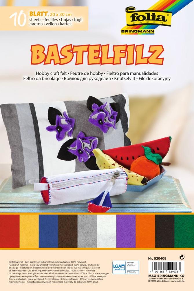Bastelfilz 150 g/m², 20 x 30 cm, 10 Blatt, farbig sortiert