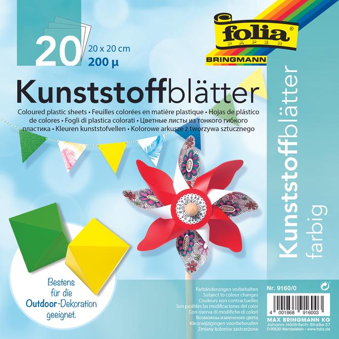 Kunststoff-Faltblätter (für Windräder), 200 μ, 20 x 20 cm, 20 Blatt, 5-farbig sortiert