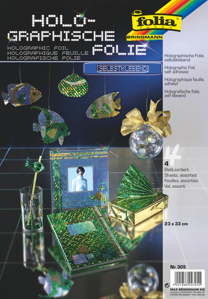 Holographische Folie, selbstklebend, 23 x 33 cm, 4 Blatt farbig sortiert