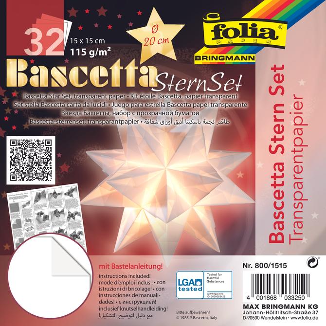 Bascetta-Stern Set, TRANSPARENTPAPIER 115 g/m², 15 x 15 cm, verschiedene Farben