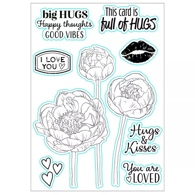 Clear Stamp Set "Full of hugs Pfingstrosen", bis 6x11,5cm, 9-tlg.