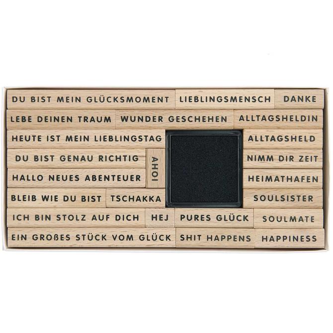 XL-Holzstempelset Sentiments Sprüche "Happiness", 1cm hoch, 24-teilig 