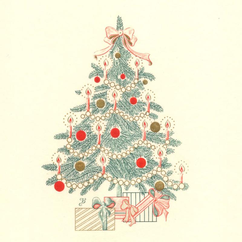 Tanne mit rotem Schmuck Weihnachtskarte  / Christmas Tree Card | Stahlstich / Steel engraving | Artikelnummer: posthumus_rote_tanne