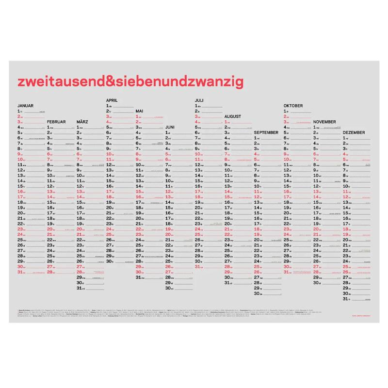 2027 Wandkalender mit Fluo Rot / 2026 Year Planner with Neon Red | 59,4 × 84,1 cm (DIN A1) | Artikelnummer: rikiki_wand