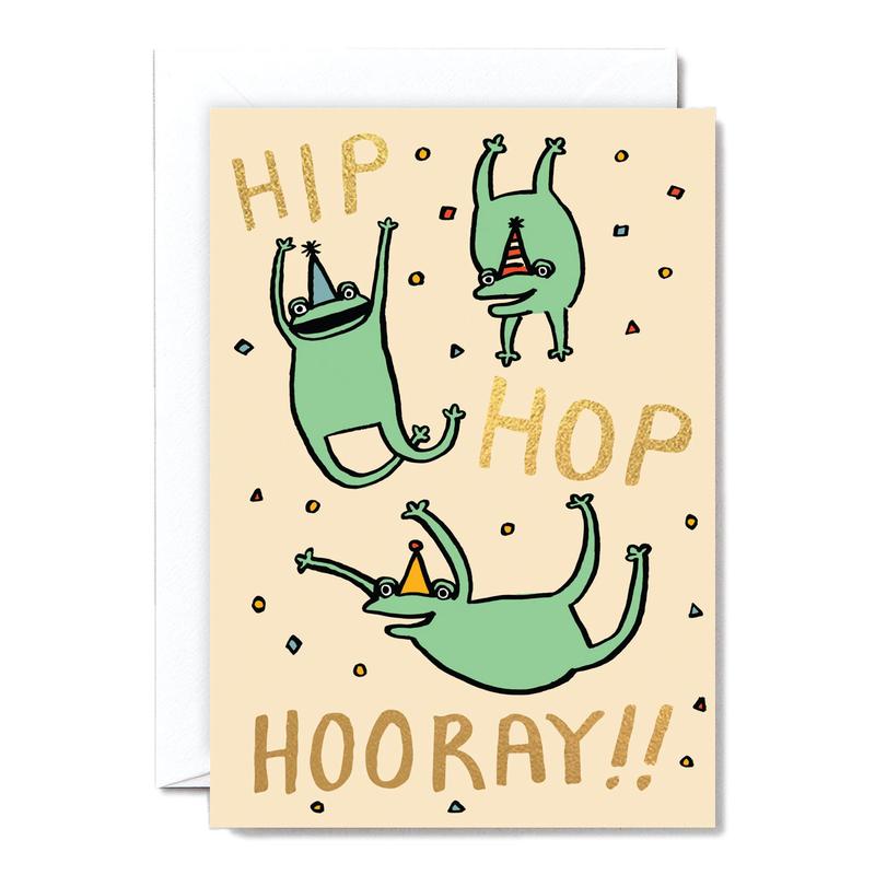 Hip Hop Horray! Grußkarte mit Fröschen / Hip Hop Horray Frog Greeting Card | Goldprägung / Gold foil embossing | Artikelnummer: wrp-hiphop