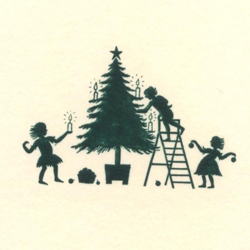 Baumschmücken Weihnachtskarte  / Tree Decorating Christmas Card | Grüner Stahlstich / Green steel engraving | Artikelnummer: posthumus_baumschmuecken