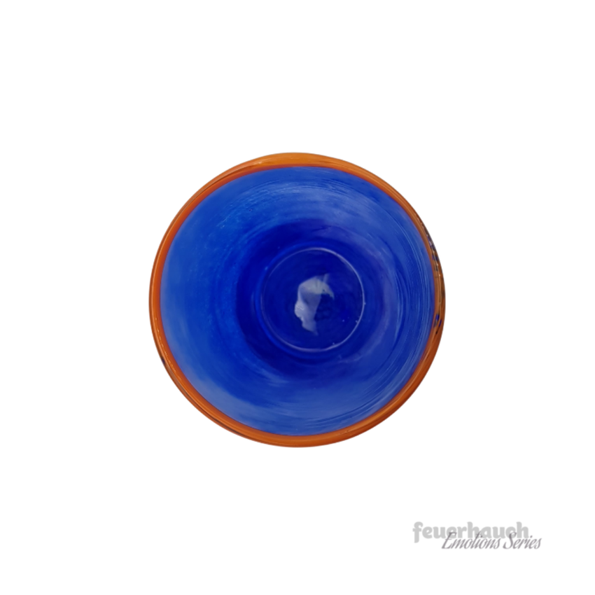 Mundgeblasenes Trinkglas aus dem Glasstudio Feuerhauch in blau und mit gelb-orangenen Rand, Unikat, Teelicht, Ansicht 5