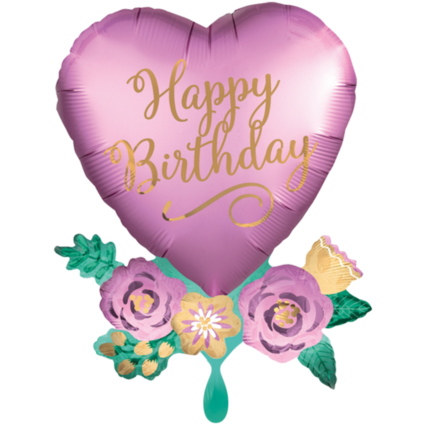 1 Ballon XXL - Birthday Satin Heart with Flowers