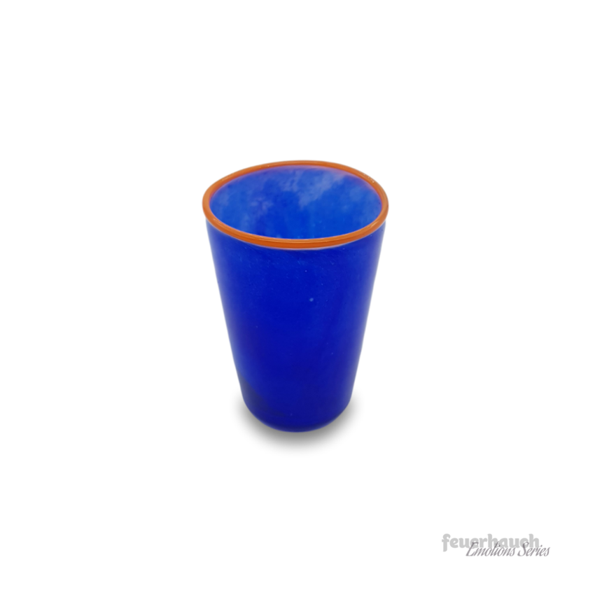 Mundgeblasenes Trinkglas aus dem Glasstudio Feuerhauch in blau und mit gelb-orangenen Rand, Unikat, Teelicht, Ansicht 1
