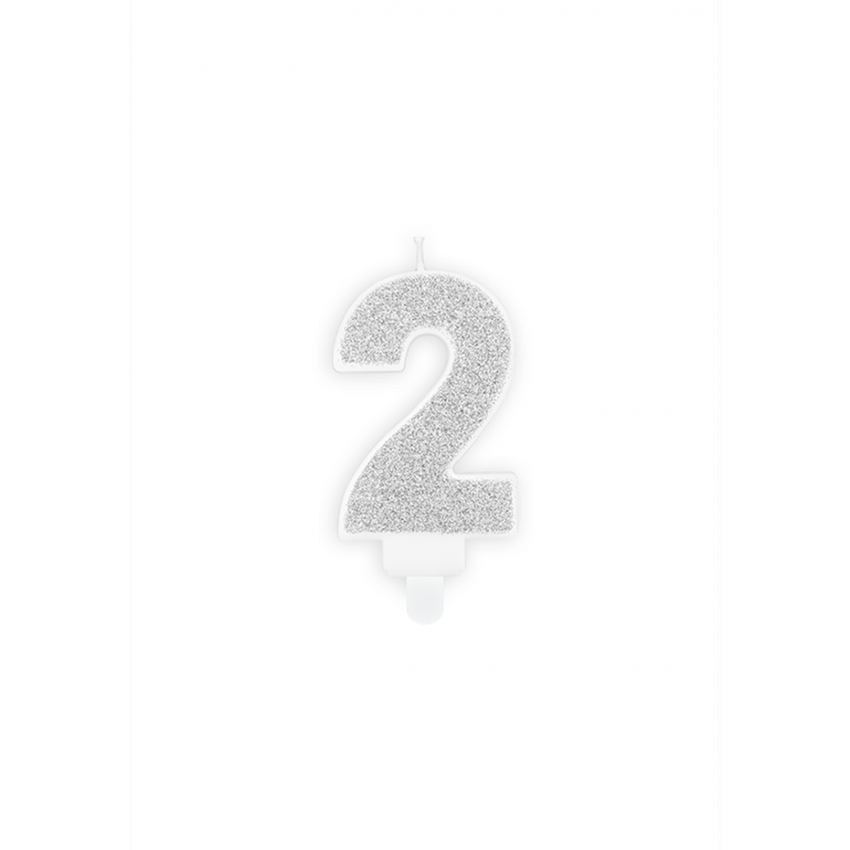  1 Kuchenkerze - Zahl 2 - Silber