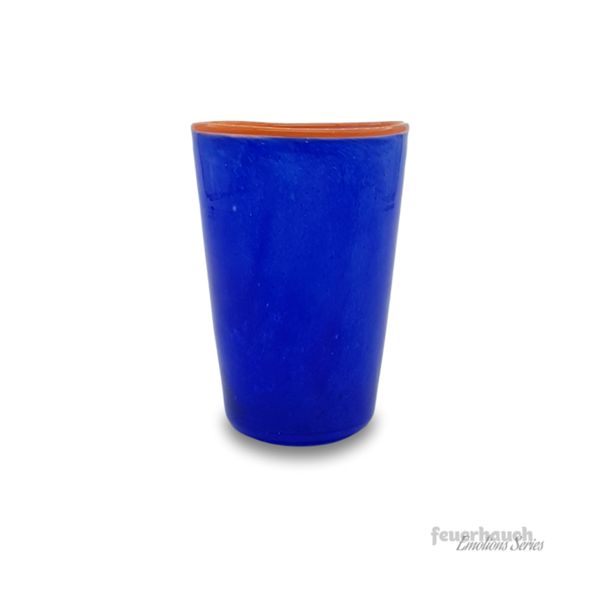 Mundgeblasenes Trinkglas aus dem Glasstudio Feuerhauch in blau und mit gelb-orangenen Rand, Unikat, Teelicht, Ansicht 6