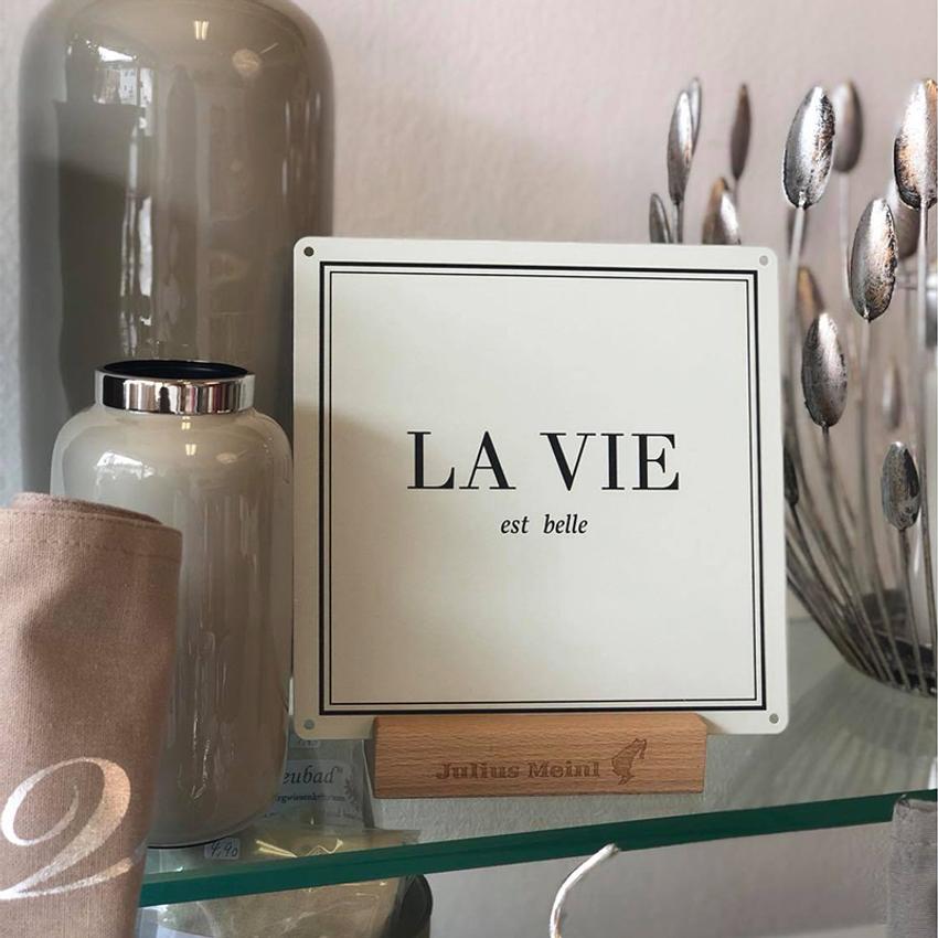 LA VIE est belle. Schild aus Metall zur Dekoration. Farbe: Pastell Grün, Größe: 20x20 cm, zum Aufhängen oder Stellen. Lieferung: 1x Metallschild.