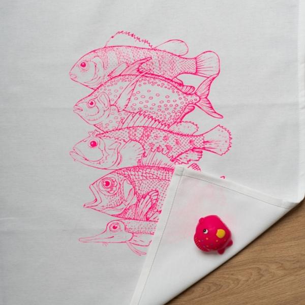 Geschirrtuch weiß, 5 Fische in Pink