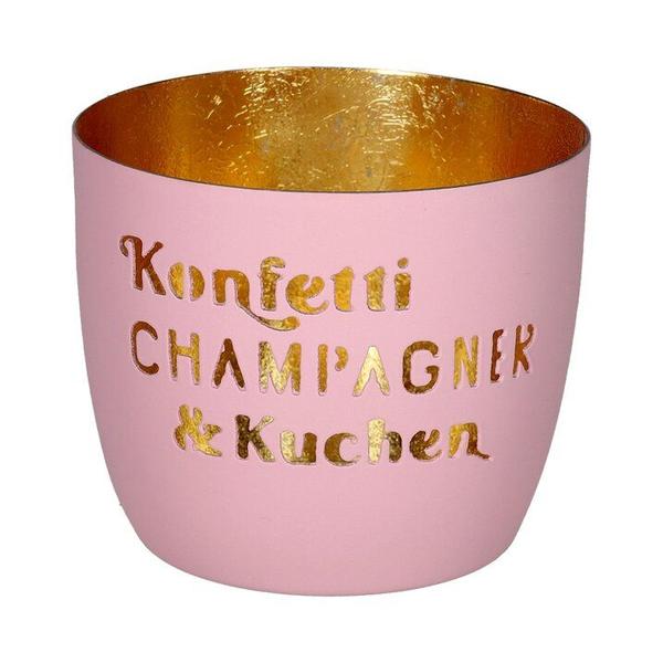Madras, Windlicht, M, Motiv: Konfetti, Champagner & Kuchen, rosa/gold