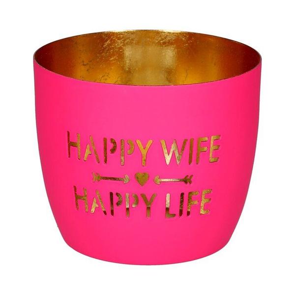 Madras, Windlicht, M, Motiv: Happy wife, happy life, hot pink/gold