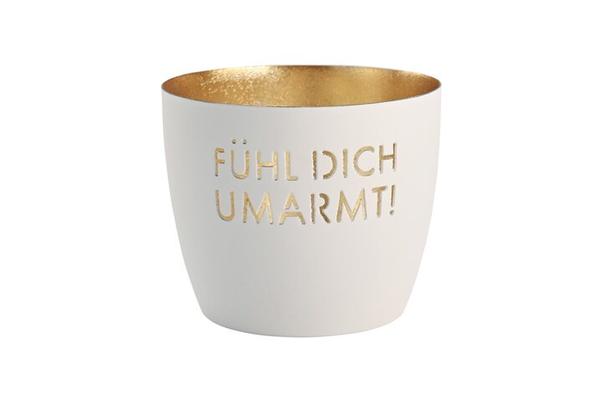 Madras, Windlicht, M, Motiv: Fühl dich umarmt!, weiß/gold