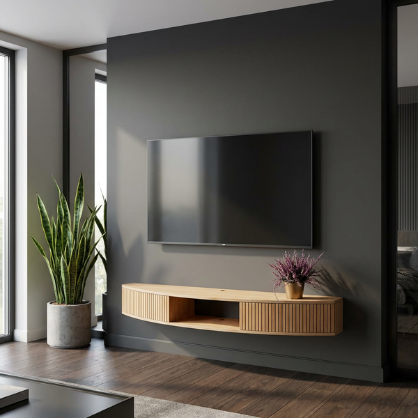 TV-Board aus Eiche rund wandmontiert