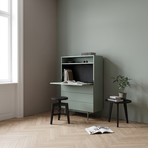 Wandsekretär ROMBI in grün in ruhigem Arbeitszimmer 
