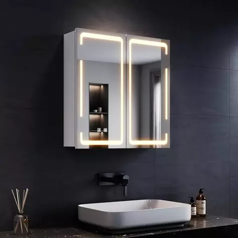 Edelstahl LED Spiegelschrank 60 × 60 cm mit Beleuchtung, Anti-Beschlag & Steckdose