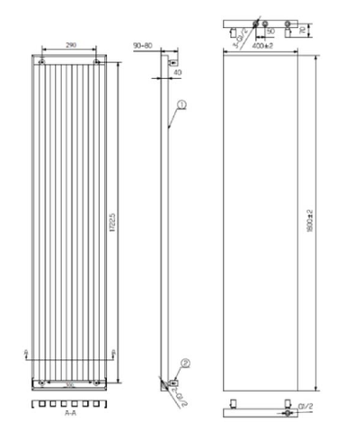 Design Heizkörper RUBI – Vertikal mit Mittelanschluss – 1800mm x 400mm 2