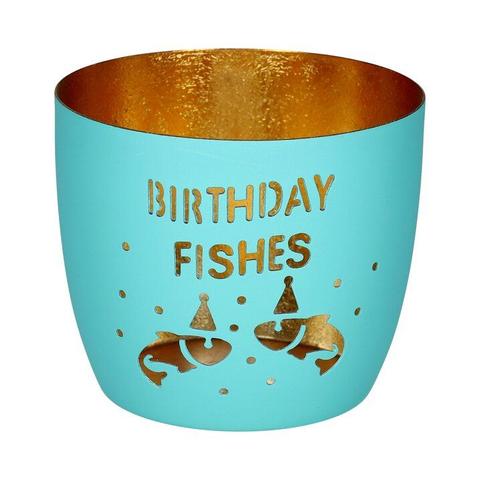 Madras, Windlicht, M, Motiv: Birthday fishes, türkis/gold