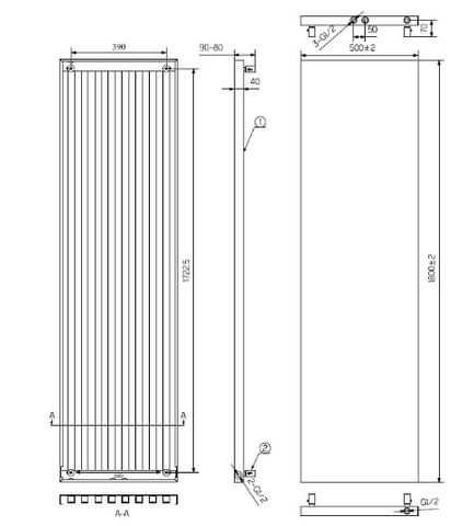 Design Heizkörper RUBI – Vertikal mit Mittelanschluss – 1800mm x 500mm 2