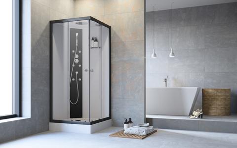 Komplettdusche 90x90 cm Eckeinstieg Schwarz-Weiß mit Regendusche, Armatur & ESG-Sicherheitsglas