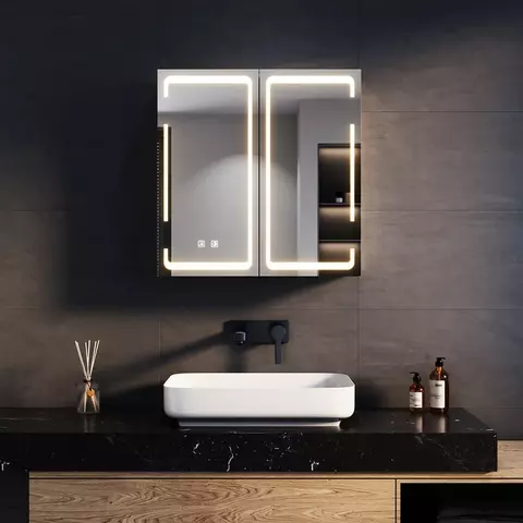 Edelstahl LED Spiegelschrank 60 × 60 cm mit Beleuchtung, Anti-Beschlag & Steckdose