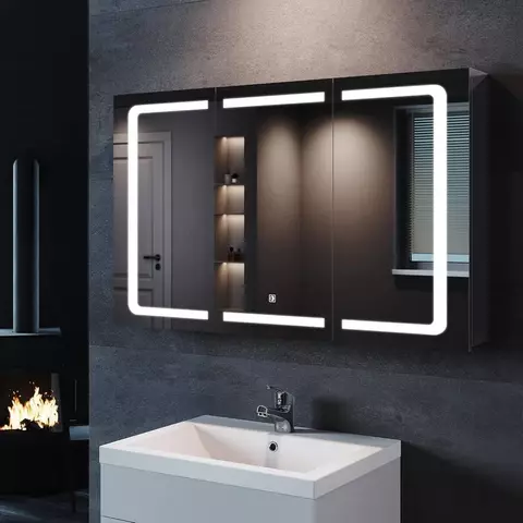 Edelstahl LED Spiegelschrank 105 × 65 cm mit Beleuchtung, Anti-Beschlag & Steckdose