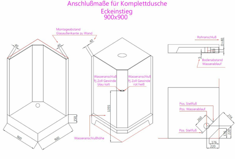 Komplettdusche 90x90 cm Eckeinstieg Schwarz-Weiß mit Regendusche, Armatur & ESG-Sicherheitsglas1