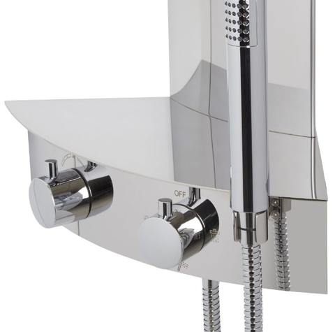 Duschpaneel mit Thermostat & Regal – Chrom, Eckmontage, Regenduschkopf, Handbrause, 3 Körperdüsen