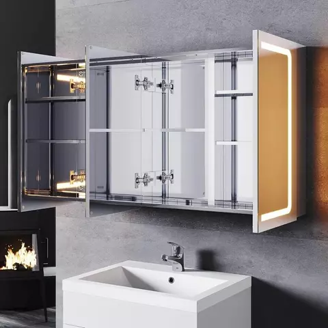 Edelstahl LED Spiegelschrank 105 × 65 cm mit Beleuchtung, Anti-Beschlag & Steckdose