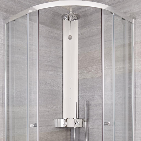 Duschpaneel mit Thermostat & Regal – Chrom, Eckmontage, Regenduschkopf, Handbrause, 3 Körperdüsen1