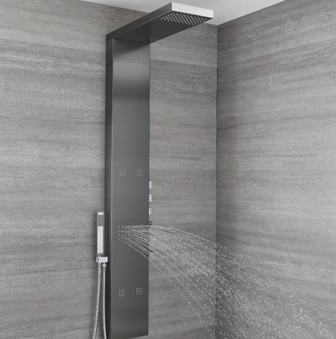  Duschpaneel mit Thermostat - mit Regen/Wasserfall-Duschkopf, Handbrause und Körperdüsen - Metallgrau