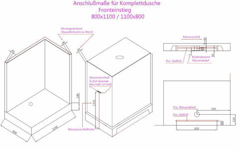 Komplettdusche 80x110 cm Eckeinstieg Schwarz-Weiß mit Regendusche, Armatur, Massagedüsen & ESG-Sicherheitsglas1