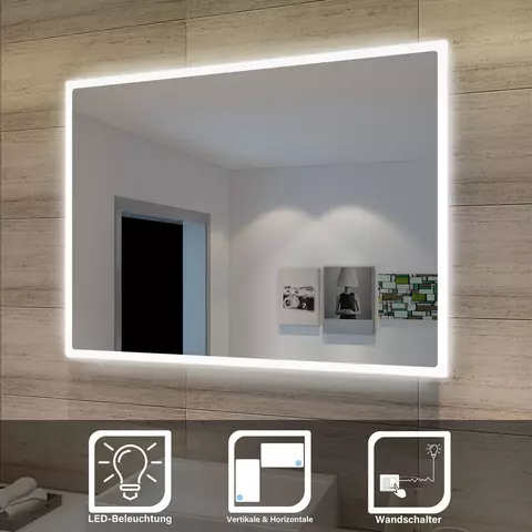 LED Spiegel Badspiegel mit Beleuchtung Wandschalter 80Lx60Bcm kaltweiß IP44 energiesparend