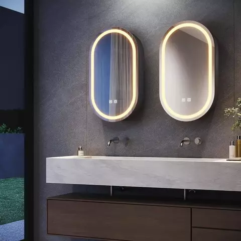 Ovaler LED Spiegelschrank 40 x 70 cm mit Beleuchtung, Anti-Beschlag & Steckdose