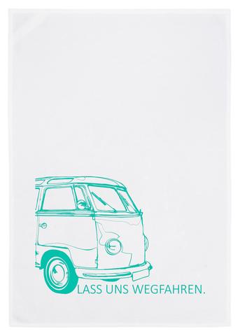 Geschirrtuch weiß, Lass uns wegfahren in blau